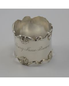 Heavy , Antique Sterling Silver Napkin Ring #51 Engraved "Mary Jane Brown" with Scroll and Floral Border 