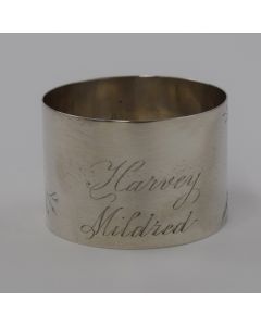 Brite Cut English, Antique Sterling Silver Napkin Ring with Roses Engraved "Harvey, Mildred" by William K. Vanderslice & Co. 