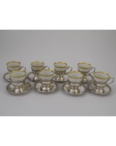 Set of 8 - Sterling Silver Demitasse Cups with Saucers and Porcelain Liners #601by Cartier Engraved "E"